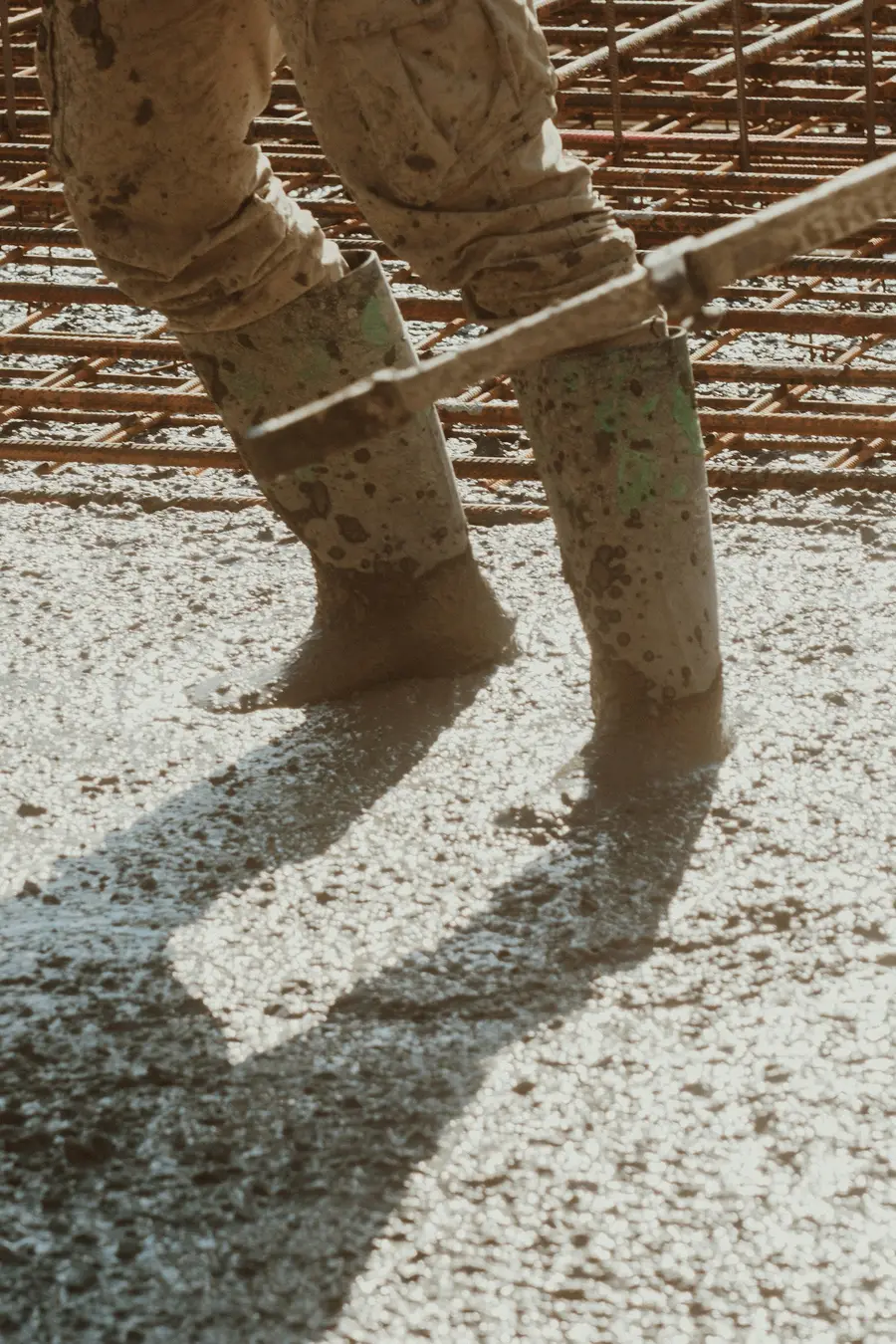 Worker’s boots in freshly placed concrete over a reinforcing mesh
