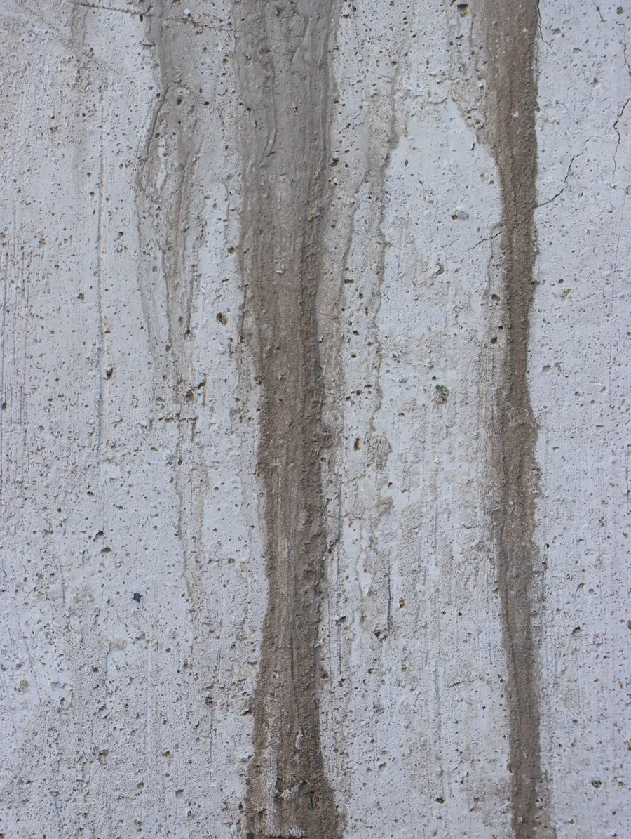 Streaks of water running down a bare concrete wall