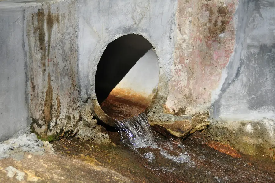 Water running out of a round pipe outlet set in a stained concrete wall