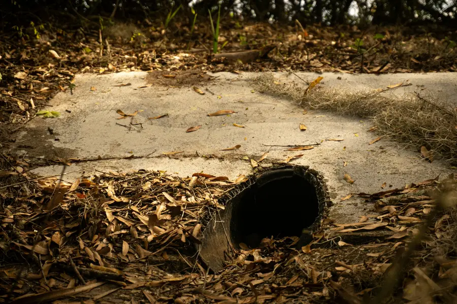 Drain pipe outlet half-buried in leaves and wood chips