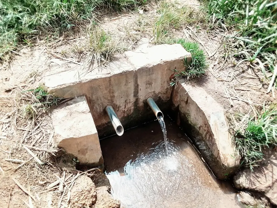 Two drain pipes emerging from a stone wall into a small channel