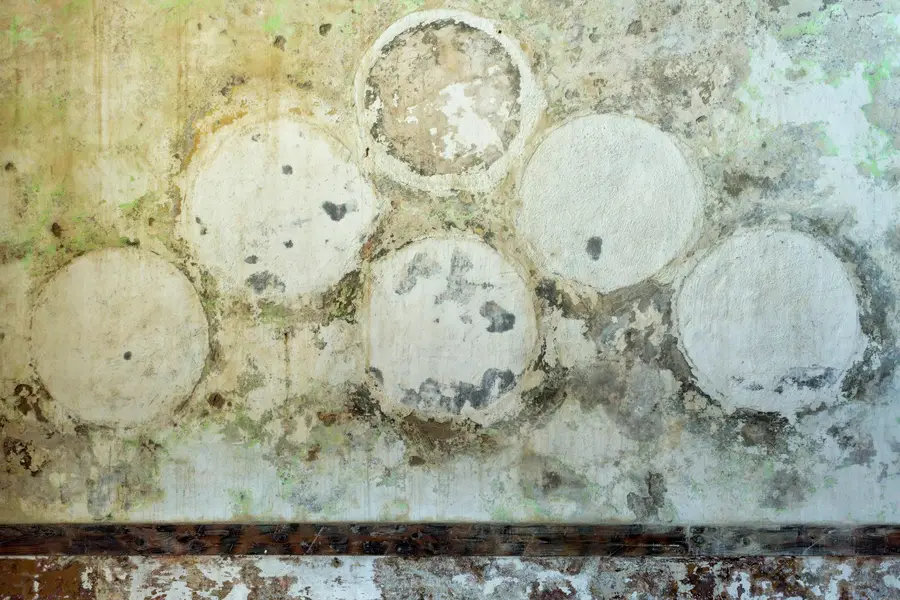 White mineral rings left on a concrete wall by evaporated water
