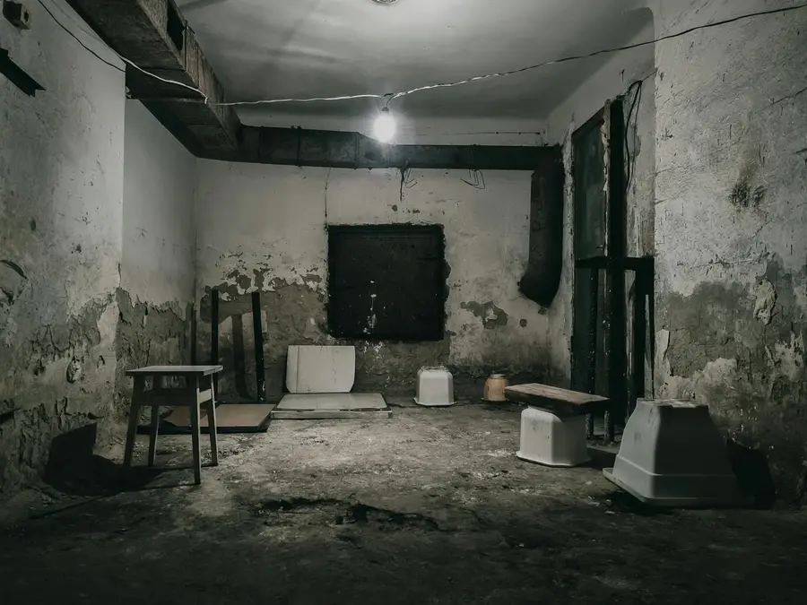 Bare, unfinished basement room with stained walls and a few pieces of furniture
