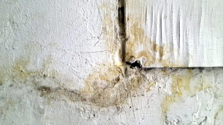 Water stains and a crack spreading across a white painted wall corner